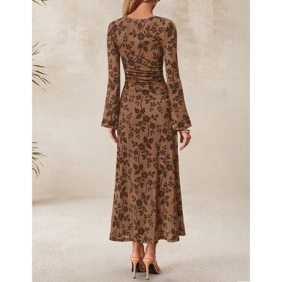 Zesica Women's Brown Yellow Ruched Mesh Long Sleeve Floral Bodycon Dress - Picture 5 of 5